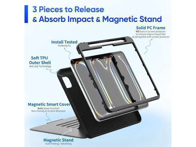 Alt view image 4 of 7 - Deuninker Case for iPad Pro 11 inch (M4) 2024, Auto Sleep/Wake Case with Magnetic Multi-Angles Stand, Card Slot, Black