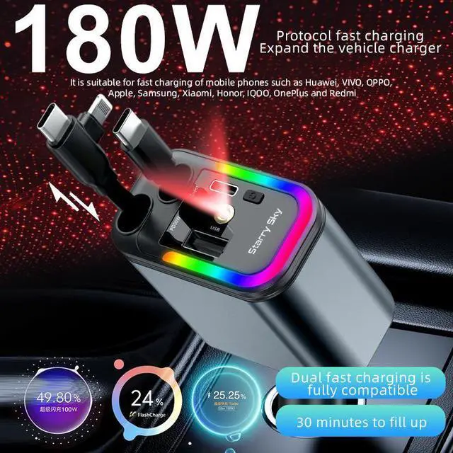 Alt view image 2 of 2 - QURO 180W Car Mobile Phone Charger - Dual Extendable Cable - USB Type C Interface - Portable Multi-functional Car Charger