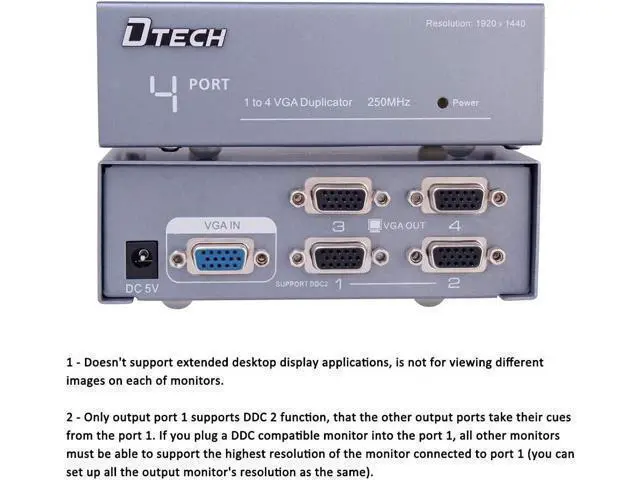 Alt view image 6 of 7 - Deuninker Powered 4 Port VGA Splitter Box Video Distribution Duplicator for 1 PC to Multiple Monitors Projector