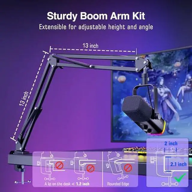 Alt view image 3 of 7 - Deuninker XLR/USB Dynamic Microphone Kit with Studio Monitor Headphones, Gaming Microphone for PC Bundle with Over-Ear Wired Headphones, Mic Boom Arm for Streaming, Podcast, Vocal Recording (AM8T+H8)