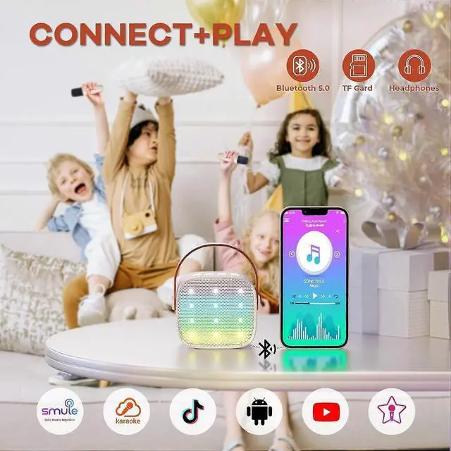 Alt view image 8 of 10 - Ecocleanpath Beige Mini Karaoke Machine with 2 Wireless Mics | Portable Bluetooth Speaker for Kids & Adults