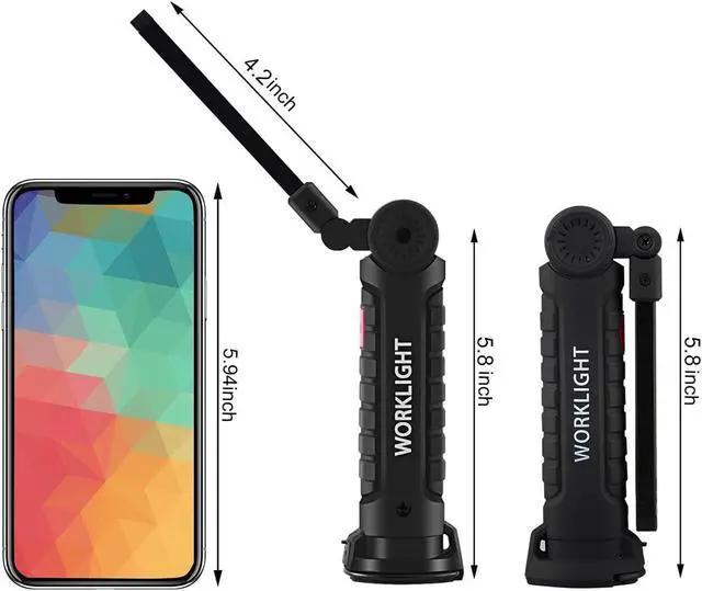 Alt view image 6 of 6 - Rechargeable Work Lights, LED Work Light with Magnetic Base & Hanging Hook, 360°Rotate 5 Modes Magnetic Rechargeable Flashlights for Mechanics Car Repair Home, Garage, Emergency, Camping (2 Pack)