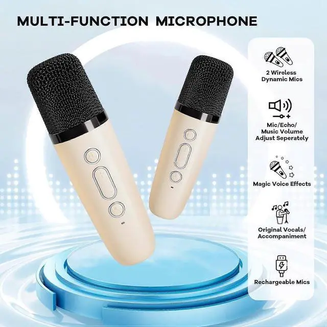 Alt view image 9 of 10 - Ecocleanpath Beige Mini Karaoke Machine with 2 Wireless Mics | Portable Bluetooth Speaker for Kids & Adults