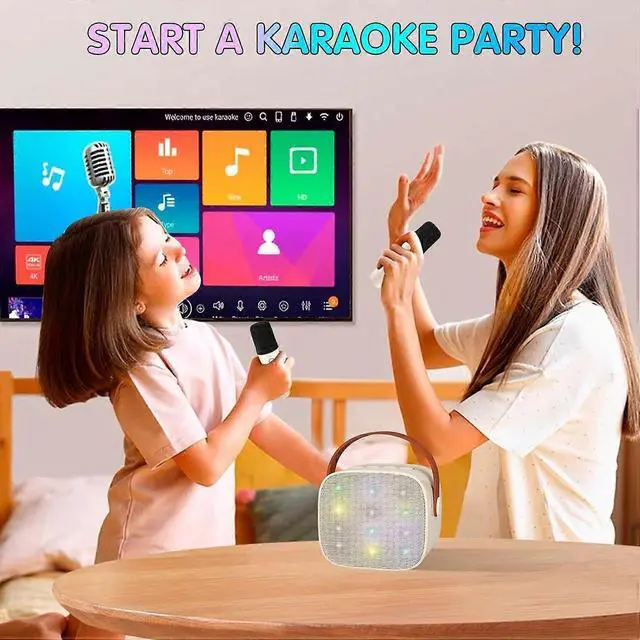 Alt view image 10 of 10 - Ecocleanpath Beige Mini Karaoke Machine with 2 Wireless Mics | Portable Bluetooth Speaker for Kids & Adults