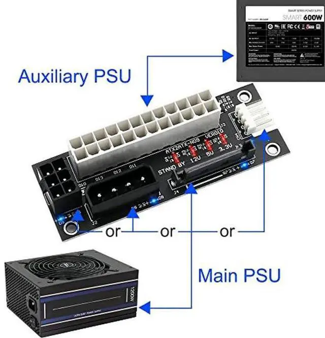 Alt view image 4 of 5 - ADD2PSU Power Supply Connector 4 in 1 Molex 4Pin/SATA/ATX 6Pin/4Pin Dual PSU Multiple Power Supply Adapter, Synchronous Power Board, Add 2PSU with Power LED (Black)