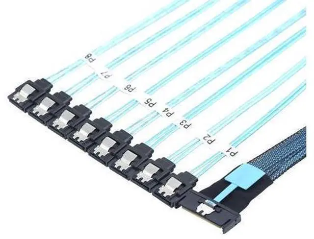 Alt view image 2 of 6 - Deuninker MCIO PCIe SAS SFF-8654 8i to 8X SATA 7P Female Straight Cable \u2013 High Speed Server Hard Drive Converter Cable, 32AWG, 85 Ohm (0.8M)