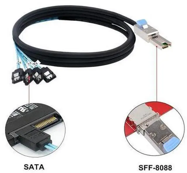 Alt view image 2 of 6 - Deuninker Mini SAS 26P SFF 8088 Male to 4 SATA 4Pin Female 1M 3.3FTCable with Latch,Mini SAS Host/Controller to 4 SATA Target/Backplane