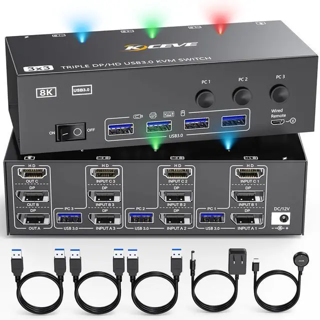 Main image of 8K KVM Switch 3 Monitors 3 Computers HDMI + DisplayPort, KCEVE USB 3.0 DP KVM Switcher, 8K@30Hz/4k@144Hz Triple Monitor DP KVM for 3 PC Share 3 Display and 4 USB 3.0 Devices
