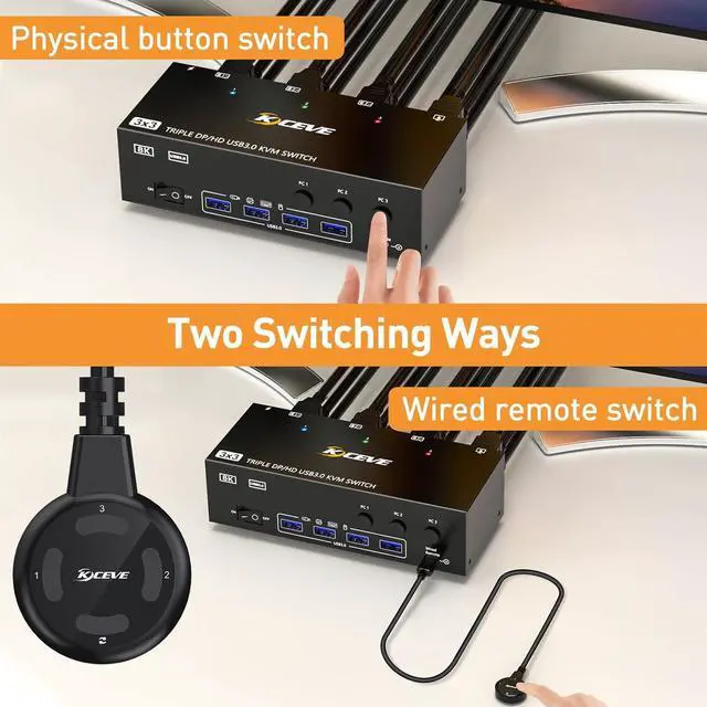 Alt view image 4 of 7 - 8K KVM Switch 3 Monitors 3 Computers HDMI + DisplayPort, KCEVE USB 3.0 DP KVM Switcher, 8K@30Hz/4k@144Hz Triple Monitor DP KVM for 3 PC Share 3 Display and 4 USB 3.0 Devices