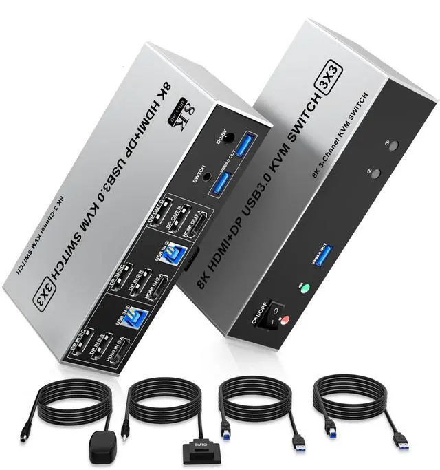 Main image of 8K@60Hz USB3.0 2 Displayport+HDMI KVM Switch Triple Monitor 2Computer, 2PC Share 3Monitors (HDMI+2 Displayport) KVM Switch with Audio Microphone and 3USB Ports, HDMI+2 DP Monitor Switch for 2PC