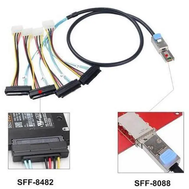 Alt view image 2 of 6 - DeuninkerHeretom Mini-SAS SFF-8088 26P to 4 X SAS SFF-8482 29 Pin with Power Cable 1 Meter 3.3FT