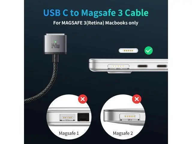 Alt view image 4 of 7 - Deuninker 140W USB C to Magnetic 3 Cable, MacBook Air Charger Mag-Safe Cable Compatible with MacBook Pro/Air M1 M2 M3(2021-2024 14"&16")-6.6ft