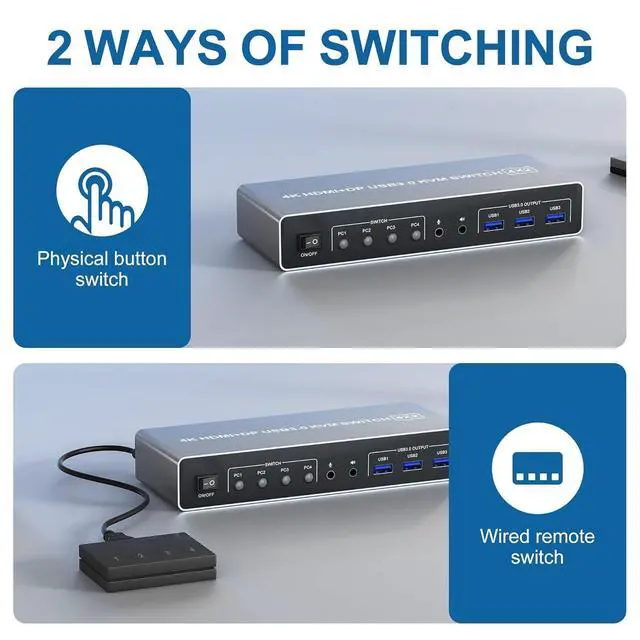 Alt view image 7 of 7 - Ennovor KVM Switch 4 Computers 2 Monitors Displayport and HDMI 4K@60Hz, USB 3.0 4 Port Dual Monitors KVM Switch with Audio Microphone Output and 3 USB 3.0 Ports, 4 in 2 Out Monitor Switch for 4 PCs