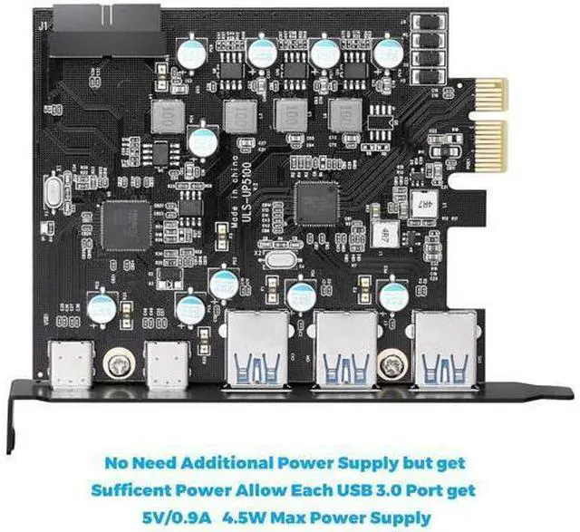 Alt view image 4 of 7 - PCI-E to Type C (2), Type A (3) USB 3.0 5-Port PCI Express Expansion Card with Internal USB 3.0 19-Pin Connector for Windows Mac Pro (UP5100)