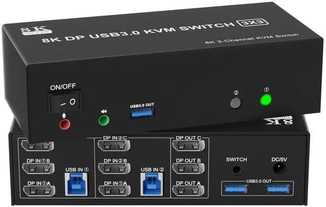 Main image of 8K@60Hz KVM Switch 3 Monitors 2 Computers 4K@144Hz, DP 1.4 8K Displayport KVM Switch Triple Monitor for 2 Computer Share 3 Monitor, Audio Mic Port and 3 USB3.0 Devices, Wired Remote and 5V Adapter