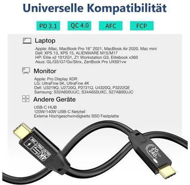 Alt view image 6 of 7 - USB C 3.2 Gen 2 Cable, 16.5FT 20Gbps Type C 4K@60Hz UHD Video 5A/240W PD3.1 Fast Charge Compatible with Thunderbolt 3/4 for Phone 15Pro MacBook Monitor 5M