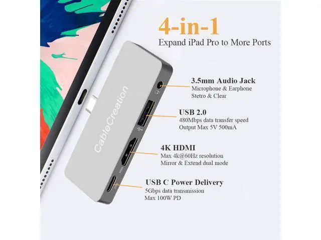 Alt view image 2 of 7 - USB C Hub Adapter for iPad Air 2020, CableCreation Aluminum 4 in 1 USB-C Hub with 4K 60Hz HDMI HDR, USB 2.0, 3.5mm Audio and 100W PD, Compatible for iPad Pro 2020, MacBook Pro/Air, Dell XPS 13, 15
