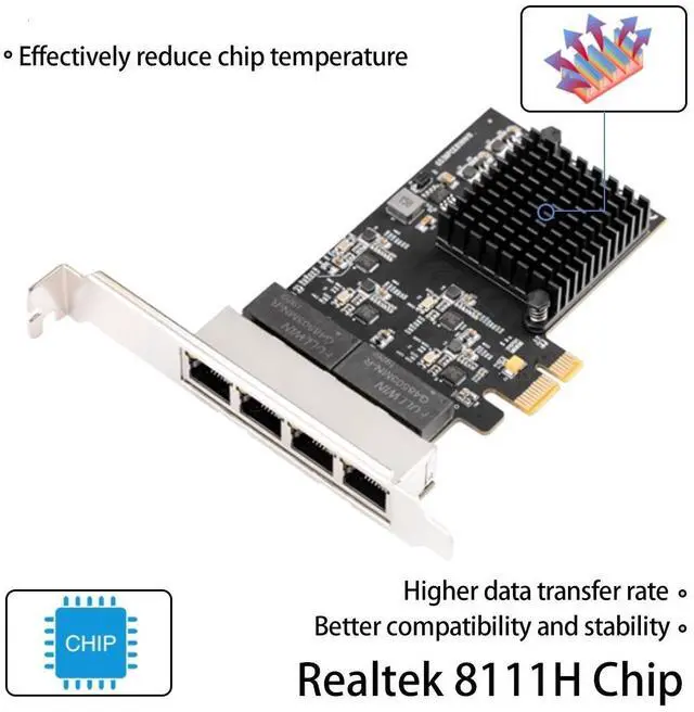 Alt view image 5 of 5 - Quantum Multi-Port Gigabit Ethernet Adapter 4 RJ45 PCIe X1 8111H Chip Compatible with NAS Workstation Upgrade