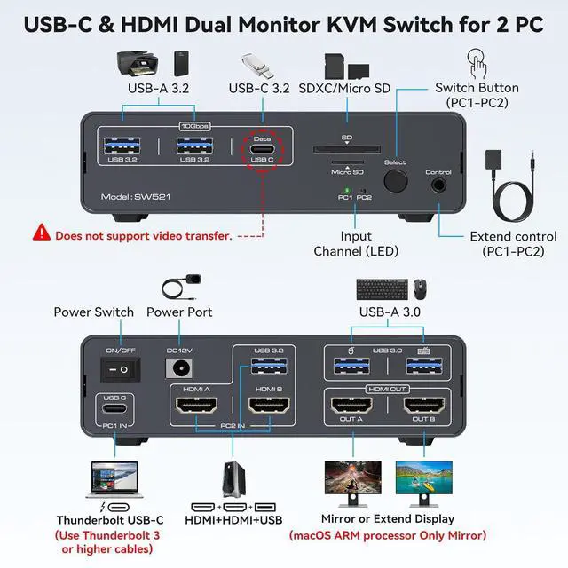 Alt view image 4 of 7 - Ennovor KVM Docking Station USB C KVM Switch 2 Monitors 2 Computers HDMI 4K60Hz EDID Dual Monitor Switcher for Laptop and PC Share 13 in 1 Dock