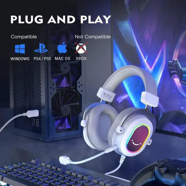 Alt view image 7 of 7 - Deuninker USB Microphone and White Gaming Headset, PC Microphone with Gain Control, Wired Headphones with 7.1 Surround Sound,EQ Mode, RGB, Soft Ear Pads for Streaming, Podcasting, Twitch (K669G+H6W)
