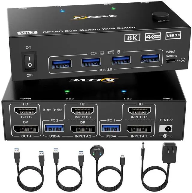 Main image of 8K KVM Switch 2 Monitors 2 Computers Displayport HDMI, Dual Monitor USB 3.0 DP KVM Switcher Supports 8K@60Hz for 2 Computers Share Keyboard, Mouse and Monitor