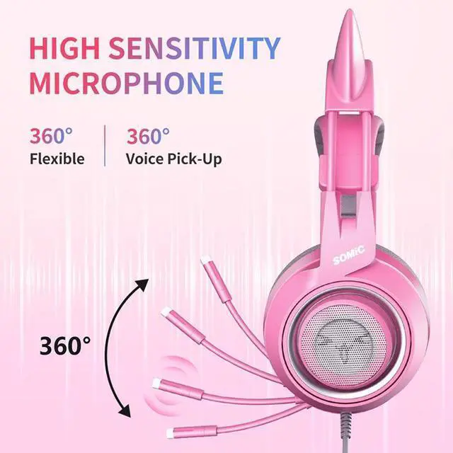 Alt view image 9 of 14 - SOMIC Pink Stereo Gaming Headset with Mic for PS4, Xbox One, PC, Mobile Phone, 3.5MM Sound Detachable Cat Ear Headphones Lightweight Self-Adjusting Over Ear Headphones for Women