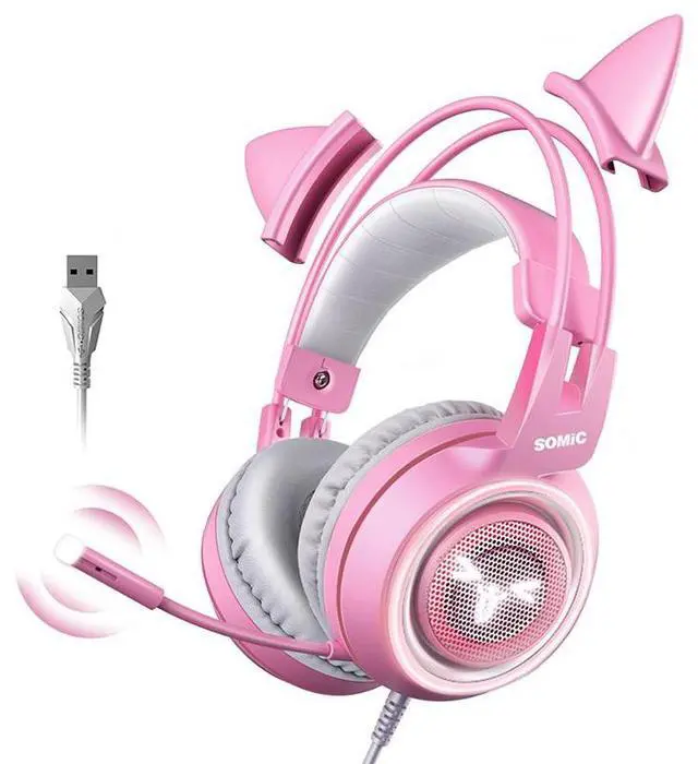 Alt view image 8 of 14 - SOMIC Pink Stereo Gaming Headset with Mic for PS4, Xbox One, PC, Mobile Phone, 3.5MM Sound Detachable Cat Ear Headphones Lightweight Self-Adjusting Over Ear Headphones for Women