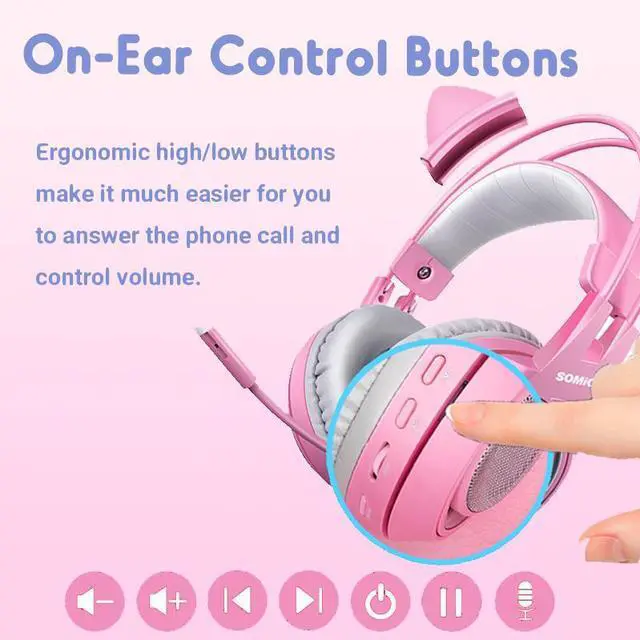 Alt view image 10 of 14 - SOMIC Pink Stereo Gaming Headset with Mic for PS4, Xbox One, PC, Mobile Phone, 3.5MM Sound Detachable Cat Ear Headphones Lightweight Self-Adjusting Over Ear Headphones for Women