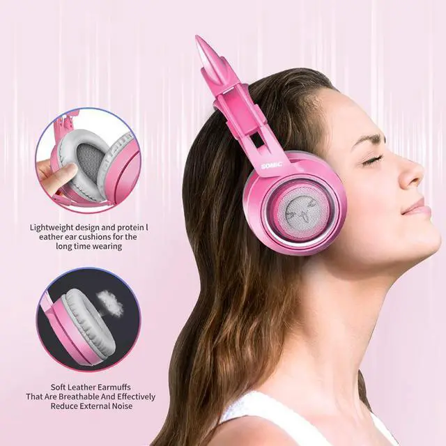 Alt view image 11 of 14 - SOMIC Pink Stereo Gaming Headset with Mic for PS4, Xbox One, PC, Mobile Phone, 3.5MM Sound Detachable Cat Ear Headphones Lightweight Self-Adjusting Over Ear Headphones for Women
