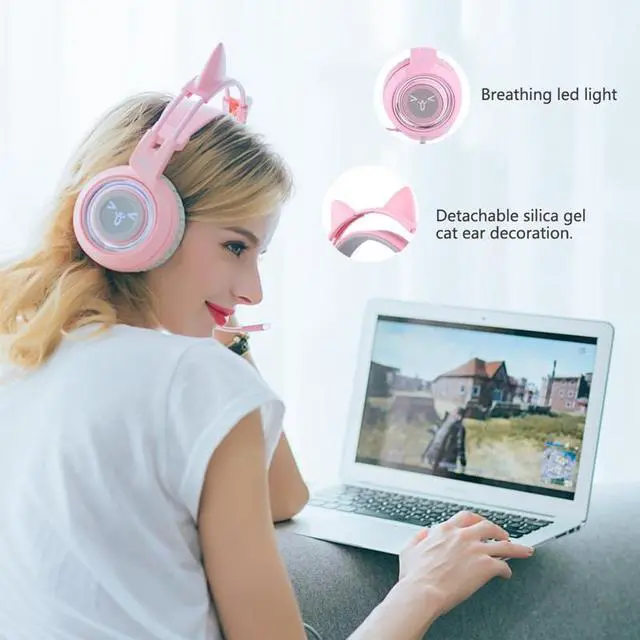 Alt view image 14 of 14 - SOMIC Pink Stereo Gaming Headset with Mic for PS4, Xbox One, PC, Mobile Phone, 3.5MM Sound Detachable Cat Ear Headphones Lightweight Self-Adjusting Over Ear Headphones for Women