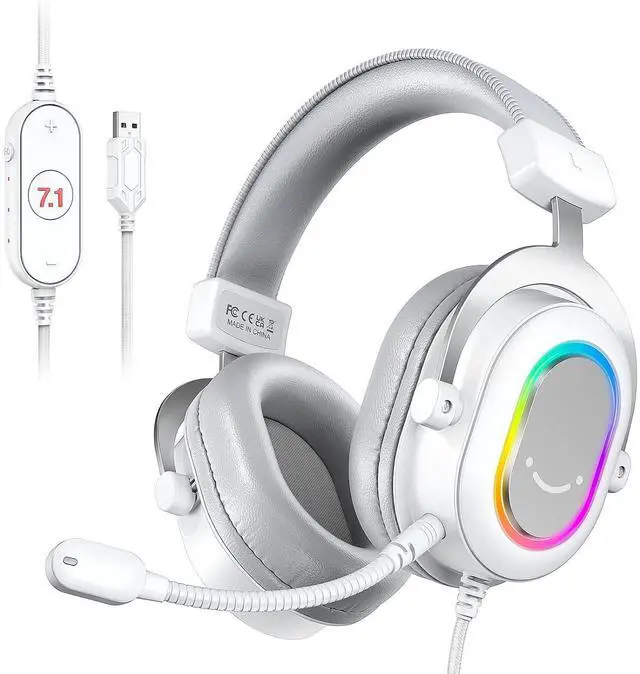 Main image of Deuninker USB Gaming Headset, PC Headphones Wired with Microphone for Computer/Laptop, Over-Ear RGB Headset with 7.1 Surround Sound, Noise Cancellation for Streaming Video Game- AmpliGame H6 (White)