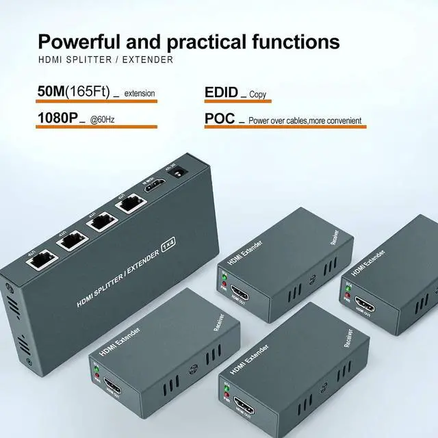 Alt view image 2 of 7 - HDMI Extender Splitter 1x4, 1080P@60Hz, Extending 165ft (50m) Length Transmission Over CAT5e/CAT6/CAT7 Cable, 4 Channel Transmission Only 1 Power Adapter