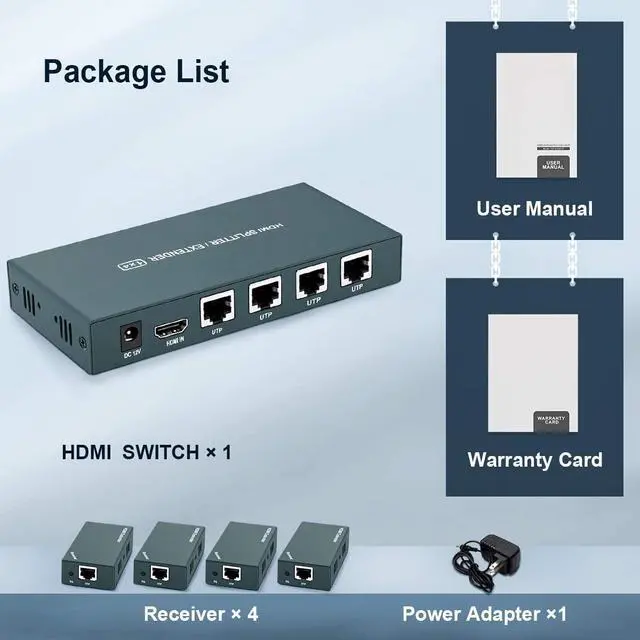 Alt view image 7 of 7 - HDMI Extender Splitter 1x4, 1080P@60Hz, Extending 165ft (50m) Length Transmission Over CAT5e/CAT6/CAT7 Cable, 4 Channel Transmission Only 1 Power Adapter