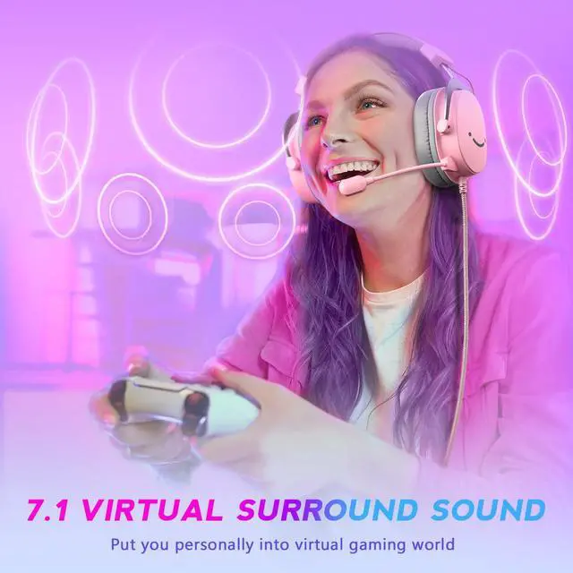 Alt view image 3 of 7 - Deuninker USB Gaming Headset, PC Over-Ear Wired Streaming Headset with 3.5mm Jack, Detachable Microphone, 7.1 Surround Sound, Control Box, Passive Noise Cancellation, for PS5/Xbox/Switch-H9 Pink