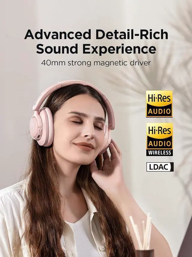 Alt view image 4 of 7 - Deuninker Wireless Bluetooth Noise-canceling Headphones - HQ31 SonoFlow SE Over-Ear Headphones with Hi-Res Audio, 90H Playtime, Clear Calls, Preset EQ Via App, Comfort for Home Office Travel(Pink)