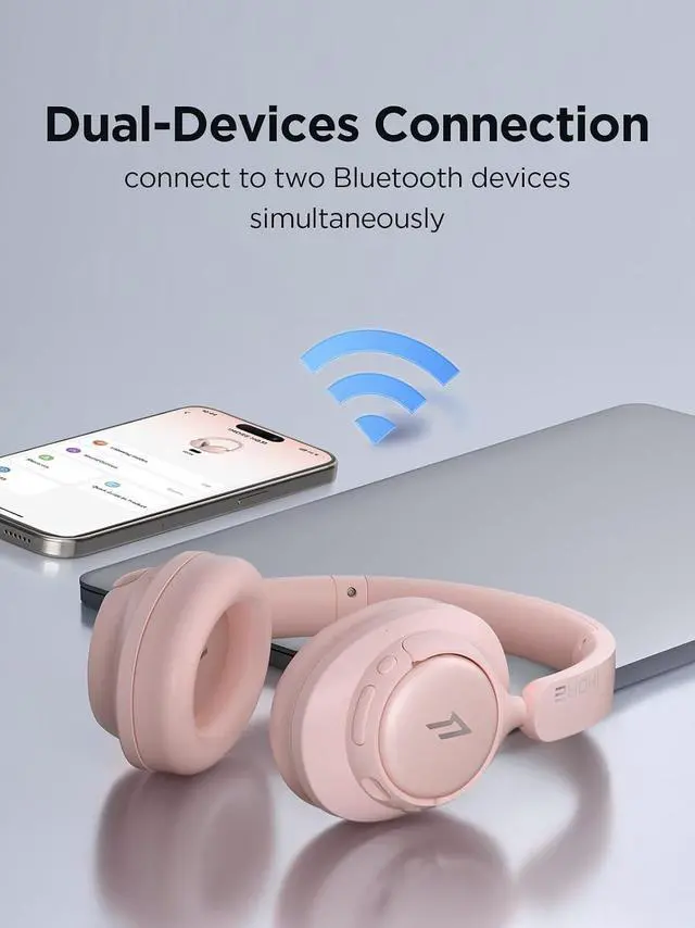 Alt view image 7 of 7 - Deuninker Wireless Bluetooth Noise-canceling Headphones - HQ31 SonoFlow SE Over-Ear Headphones with Hi-Res Audio, 90H Playtime, Clear Calls, Preset EQ Via App, Comfort for Home Office Travel(Pink)