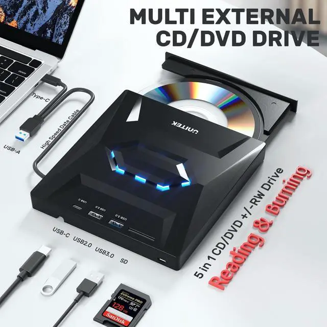 Alt view image 2 of 7 - Unitek External CD DVD Drive, USB 3.0 Type-C Portable CD/DVD +/-RW Drive/DVD Player with SD Card Reader USB 3.0 USB C Hub CD ROM Burner Compatible for Laptop Desktop PC Mac Windows 11/10/8/7 Linux