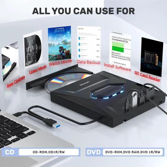 Alt view image 3 of 7 - Unitek External CD DVD Drive, USB 3.0 Type-C Portable CD/DVD +/-RW Drive/DVD Player with SD Card Reader USB 3.0 USB C Hub CD ROM Burner Compatible for Laptop Desktop PC Mac Windows 11/10/8/7 Linux