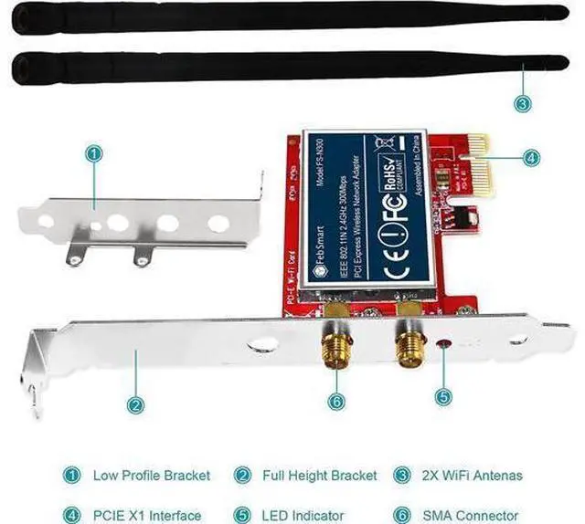 Alt view image 7 of 7 - FebSmart Wireless N 2.4GHz 300Mbps PCIe Wireless Network Adapter for Windows 10 8.1 8 7 XP Server(32/64bit) and Linux PCs ,PCIe WiFi Card,PCIe WiFi Adapter(FS-N300)