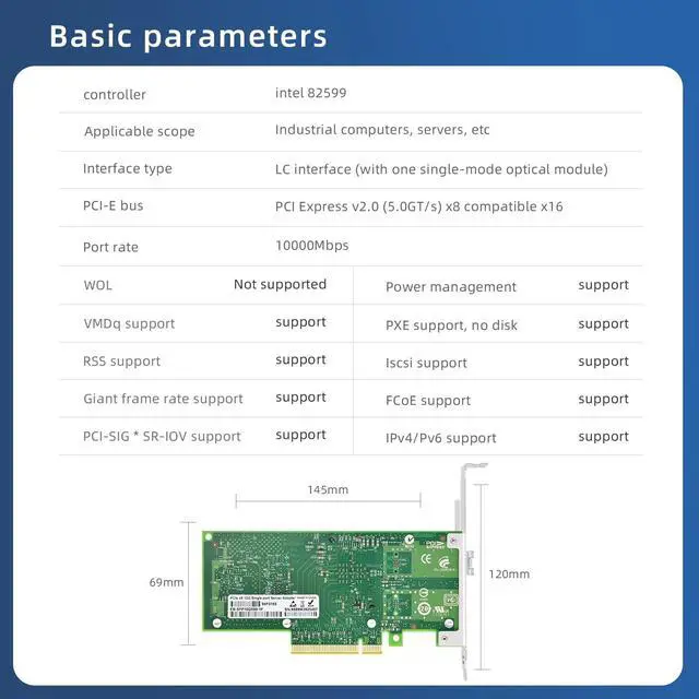 Alt view image 3 of 5 - Buacoz 10GB PCI-E X8 Fiber Optic Network Card, Single SFP+ Port,with Intel 82599 Chip X520-SR1 Ethernet Adapter Server Support Windows Server/Linux/VMware(with 1 Piece Multi-Mode Optical Module)