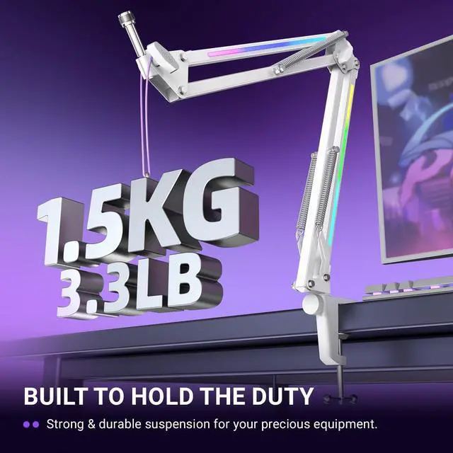 Alt view image 2 of 7 - Deuninker Microphone Boom Arm, Heavy Duty Mic Arm with Controllable RGB Light,C-Clamp,Gaming Desktop Mic Mount Capacity for AM8,Studio Podcasting,Recording,Streaming-BM38W