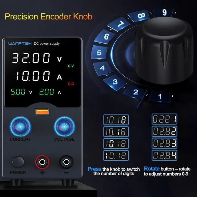 Alt view image 2 of 7 - Wanptek DC Power Supply Variable 30V 10A, Bench Power Supply with Encoder Adjustments Knob, USB Fast Charge Port with Output Current Display, 4-Digit LED Display