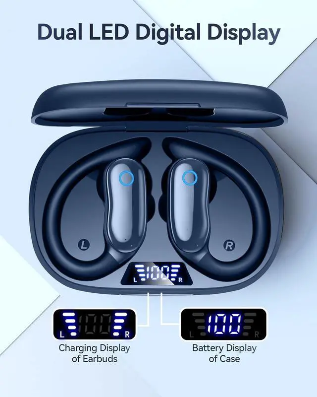 Alt view image 4 of 7 - GNMN Active Noise Cancelling Ear Buds Wireless Earbuds 96hrs Playback Bluetooth Headphones Dual Battery Display Stereo Bass Earphones with Earhooks Microphone IPX7 Waterproof Headset for Sports/Gym