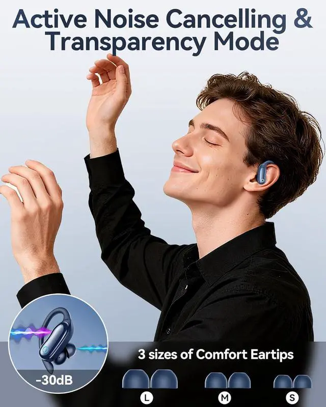 Alt view image 2 of 7 - GNMN Active Noise Cancelling Ear Buds Wireless Earbuds 96hrs Playback Bluetooth Headphones Dual Battery Display Stereo Bass Earphones with Earhooks Microphone IPX7 Waterproof Headset for Sports/Gym