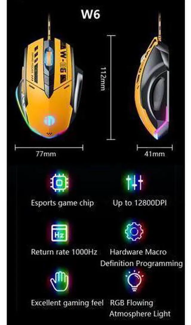 Alt view image 2 of 6 - WSIRAK W6 Wired Mouse E-sport Gaming Mouse RGB LED Backlight Mechanical Mouse For Laptop Computer Office Home Gamers