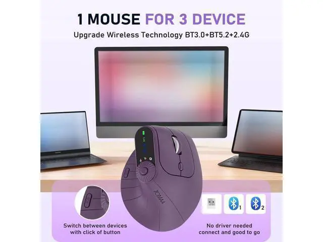 Alt view image 4 of 7 - Dan Dan Ergonomic Vertical Wireless Mouse with 57° Natural Handshake Posture, Rechargeable, 2.4G & Bluetooth 5.2 Connectivity, Multi-Device Support, Adjustable DPI, 500mAh Battery (C)