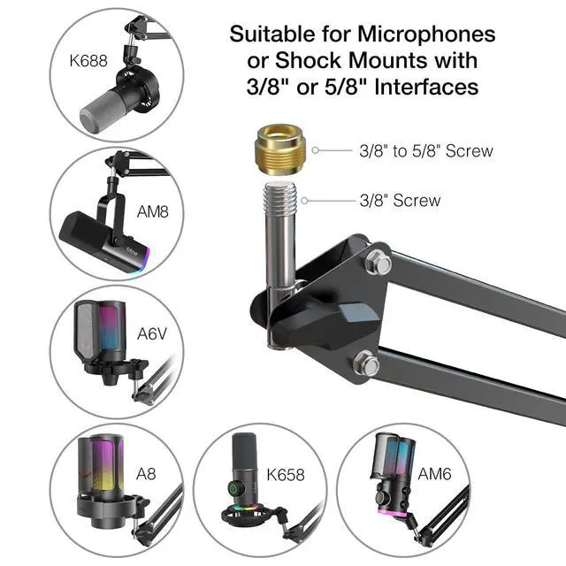 Alt view image 6 of 6 - Deuninker Gaming Microphone and Arm Stand Bundle,RGB USB Condenser Mic with Headphone Jack,Light Control for Live Streaming,Metal Boom Arm with Heavy Duty Clamp for Podcasting Recording(A8W+CS1)