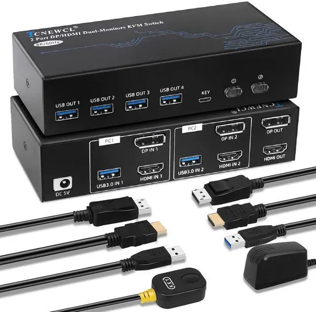 Main image of TCNEWCL 4K@120Hz HDMI Displayport KVM Switch 2 PC 2 Monitor 8K@60Hz DP 1.4 HDMI 2.1 USB 3.0 KVM Switch Dual Monitor, Support Extended & Copy Mode with Desktop Controller and 2 HDMI+DP+USB Cables