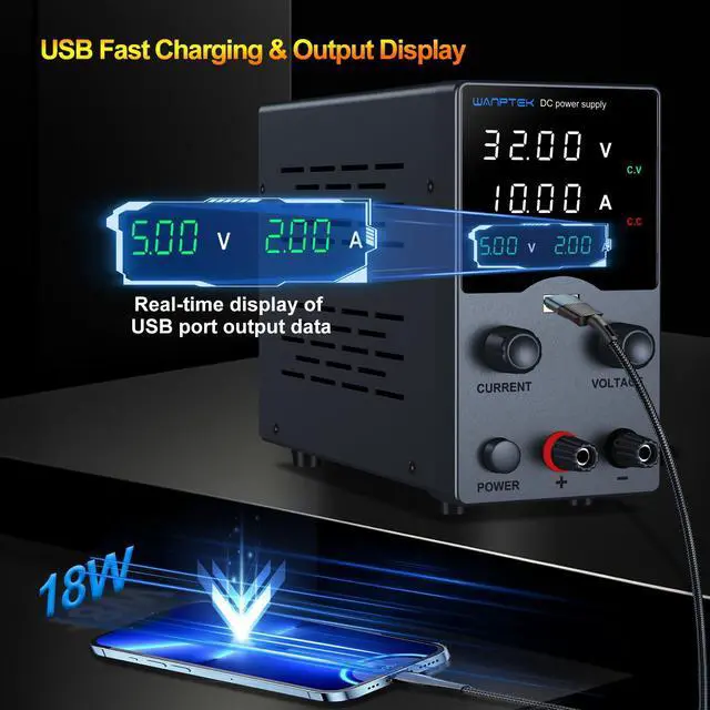Alt view image 3 of 7 - Wanptek DC Power Supply Variable 30V 10A, Bench Power Supply with Encoder Adjustments Knob, USB Fast Charge Port with Output Current Display, 4-Digit LED Display