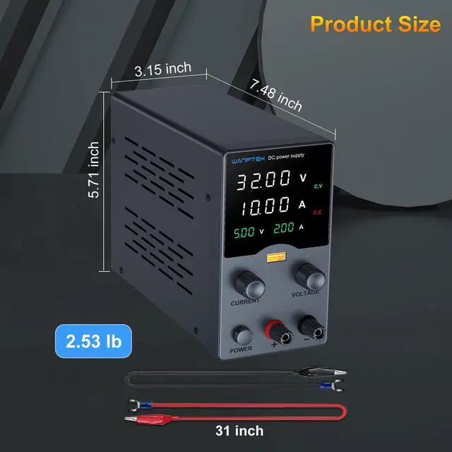 Alt view image 5 of 7 - Wanptek DC Power Supply Variable 30V 10A, Bench Power Supply with Encoder Adjustments Knob, USB Fast Charge Port with Output Current Display, 4-Digit LED Display